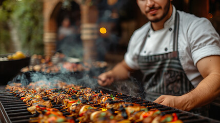 Street food festival, chef grilling beaf meat on grill.