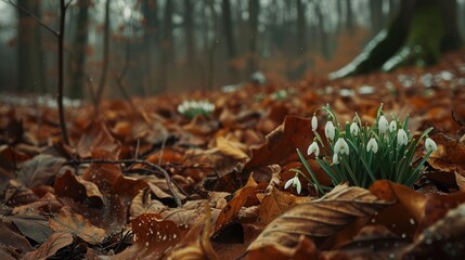 Snowdrops bloom in the forest amid old leaves from last year