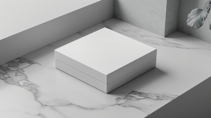A white box is on a marble countertop