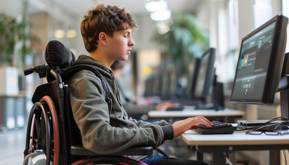a detailed image of a student with a physical disability using an adaptive computer workstation with specialized software and ergonomic tools, disabled students, ensuring the envir