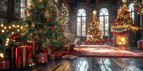 Christmas tree by the fireplace