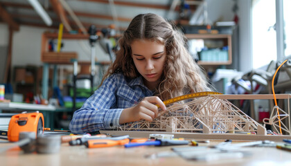 Fototapeta premium a of a female student measuring and constructing a bridge model as part of an engineering project, with tools and materials scattered on the table, showcasing hands-