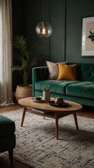 Home interior setup featuring a green sofa, modern table, and decor.
