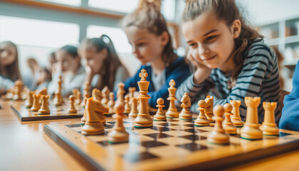 a  of students in a chess club, intensely focused on their games, with chessboards and pieces spread out across tables, Education, Extracurricular activities, after-s