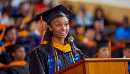 a close-up image of a student delivering a commencement speech at the podium, with expressions of pride and inspiration, and the audience in the background, academic journeys, grad