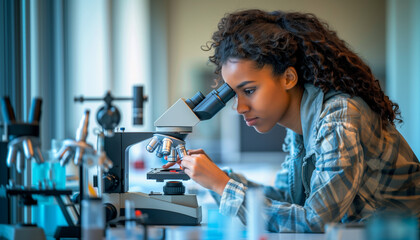 a close-up image of a female student using a microscope to examine samples, with a lab environment and scientific equipment blurred in the background, experiments, technology, math