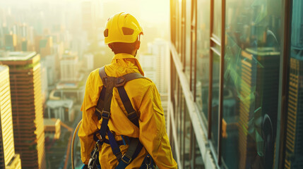 Professional industrial climber in helmet and uniform. View from back. Megalopolis landscape. Generative AI