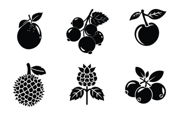 A minimalistic black and white illustration featuring various fruit silhouettes including oranges, berries, cherries, and more.