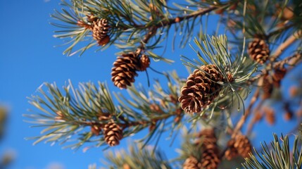Brown pine cones adorn pine tree branches under a clear blue sky