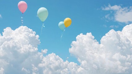 Festive balloons drifting high against a blue sky