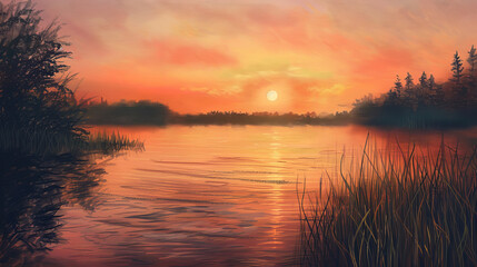 Obraz premium A pastel drawing of a summer sunset over a calm lake, golden and pink hues reflecting on the water, silhouettes of trees along the shore, gentle ripples on the surface, soft and warm colors, serene