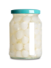 Pearl onions, pickled in a glass jar with screw cap. Crunchy and crisp onion pearls, small onions, also known as button, baby or silverskin onion, preserved in a brine of water, vinegar and salt.