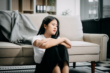 woman sit Depression Dark haired  pensive glance Standing by window and anxiety Copy space. .