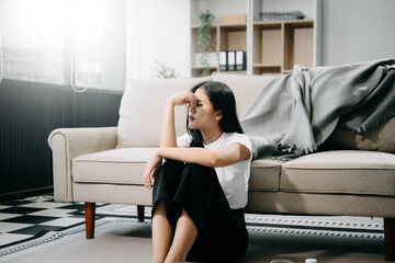 woman sit Depression Dark haired  pensive glance Standing by window and anxiety Copy space. .