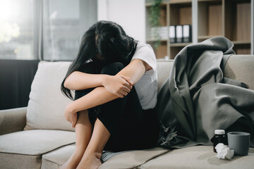 woman sit Depression Dark haired  pensive glance Standing by window and anxiety Copy space. .