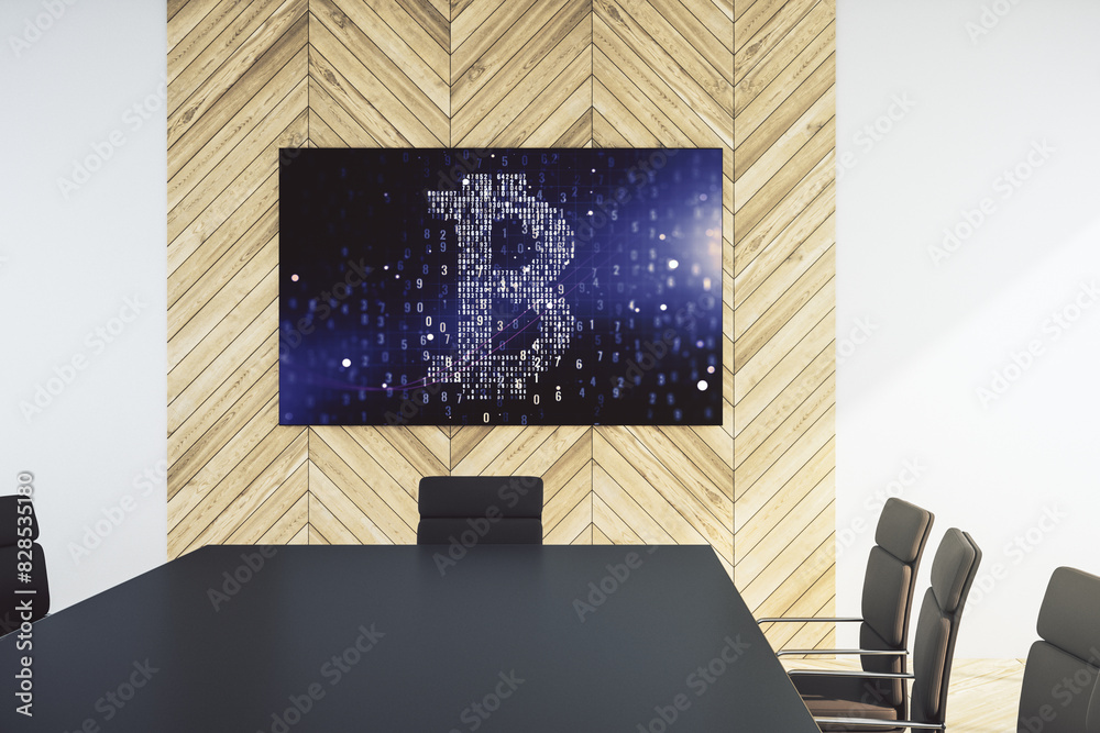 Poster Creative Bitcoin symbol on presentation tv screen in a modern meeting room. Cryptocurrency concept. 3D Rendering