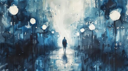 A water color paiting of man walks down a street at night with a blue sky in the background. The street is lit by four street lamps