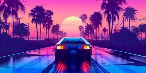 Coche de Regreso al Futuro Conduciendo en la Carretera: Ilustraci&oacute;n Synthwave con Ciudad Ne&oacute;n, Palmeras y Atardecer Rosa Brillante en Paleta de Colores Retro Wave - Arte Digital de Alta Resoluci&oacute;n