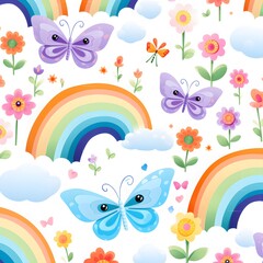 butterflies and flowers with reinbow 