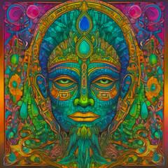 Fototapeta premium A vibrant mosaic painting featuring a human portrait with colorful ornamented background