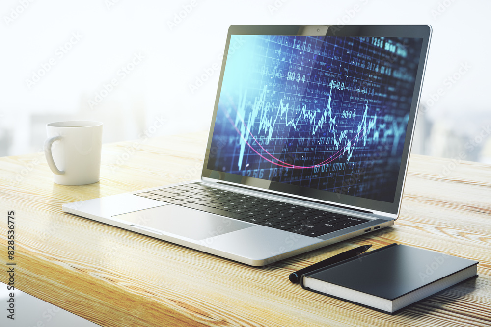 Leinwandbilder modern computer screen with abstract creative financial chart, research and analytics concept. 3d re