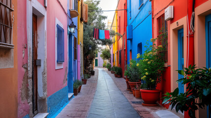 Fototapeta premium Small charming Mediterranean street painted in the color of the LGBTQ+ flag