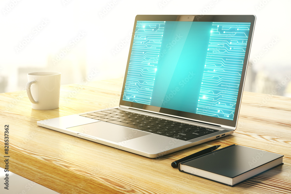 Poster Modern computer monitor with circuit hologram. Research and development hardware concept. 3D Rendering