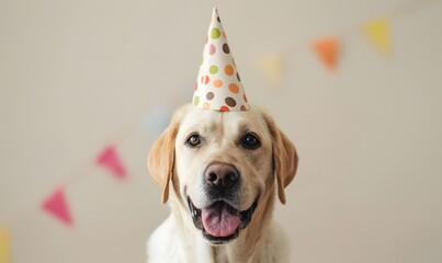Happy cute dog wearing a party hat celebrating at a birthday party ,Generative AI