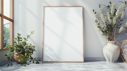 Empty white frame leaning against wall surrounded by green plants and white flowers in vases. Sunlight and shadows create a serene indoor setting - Powered by Adobe