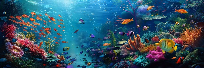 Colorful fish swim among intricate corals in a lively underwater painting. Generative AI