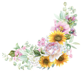 Watercolor sunflower bouquet, sunflower wedding border PNG, green leaves, yellow and pink shades, pink peony