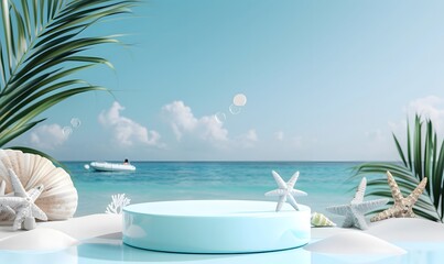 Fototapeta premium Summer product display on podium at sea tropical beach , Generative AI