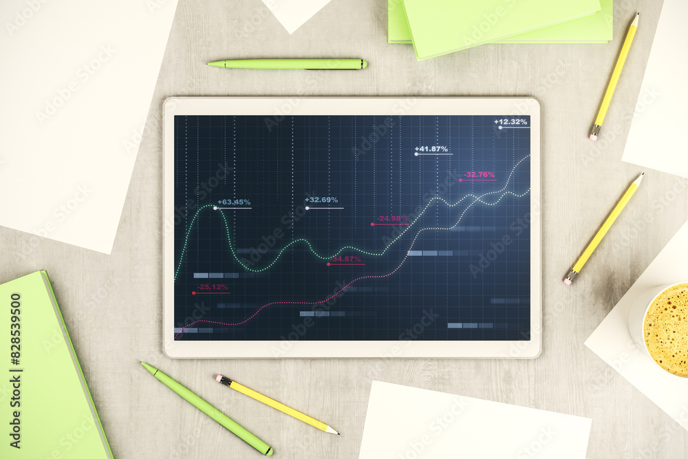 Poster Abstract creative statistics data hologram on modern digital tablet screen, analytics and forecasting concept. Top view. 3D Rendering