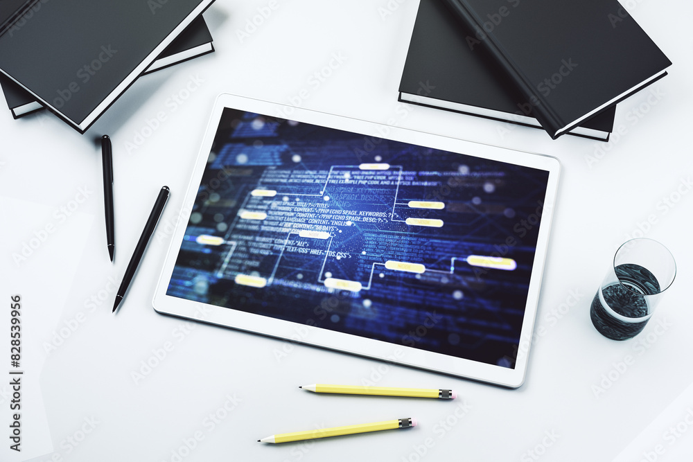 Poster modern digital tablet monitor with abstract programming language, research and development concept. 