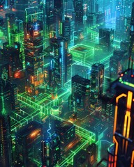 Cyber warehouse operations, birdseye, with neon data streams, vibrant, futuristic program layout