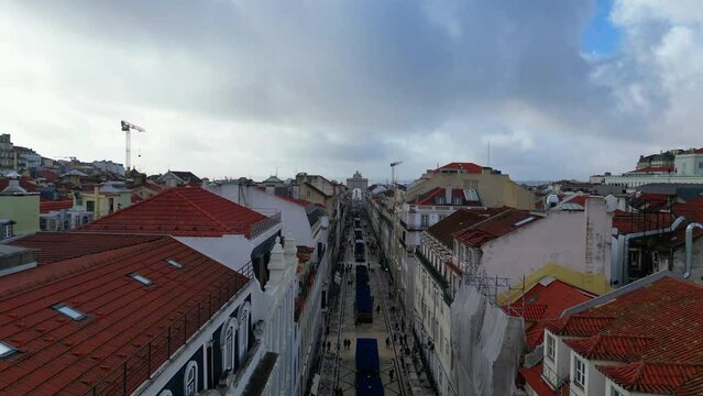 Aerial view over the pedestrian street at Augusta street in Lisbon downtown, Portugal