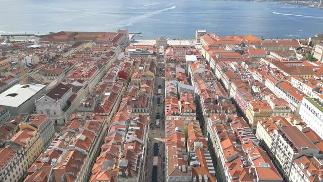 Aerial over Lisbon downtown with Terreiro do Paco and Tejo Tiver as background in Lisbon, Portugal