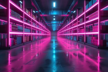 Fototapeta premium Digital warehouse interface, wideangle, glowing neon shelves, dynamic angle, futuristic design