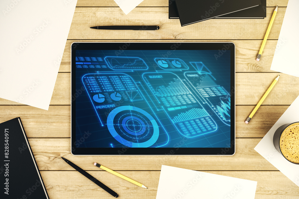 Poster Stats data illustration on modern digital tablet monitor, computing and analytics concept. Top view. 3D Rendering