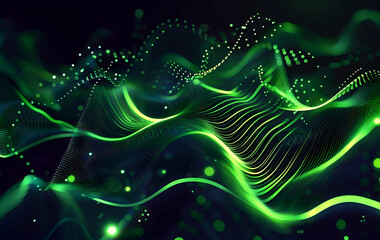 Abstract dark background with glow and green glowing dots, line waves in the foreground. Bright neon green color, gradient