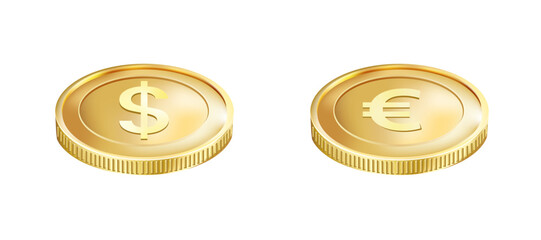 Vector golden coins with dollar and euro signs. Simple design. Isolated on a white background. Golden euro money. Golden dollar coin