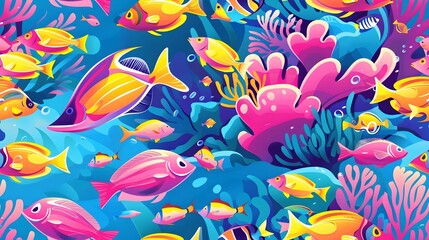 Fototapeta premium Hypnotic School of Exotic Rainbow Colored Fish Gliding Through Vibrant Coral Reef Ecosystem