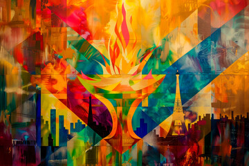Abstract interpretation of the Olympic flame with vivid colors and cityscape elements, including the Eiffel Tower.