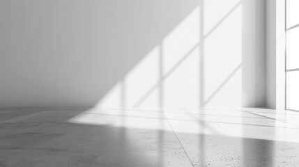 Empty white wall and smooth floor with interesting light glare Background. 