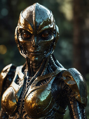 Futuristic Cyborg with Metallic Armor in a Natural Setting