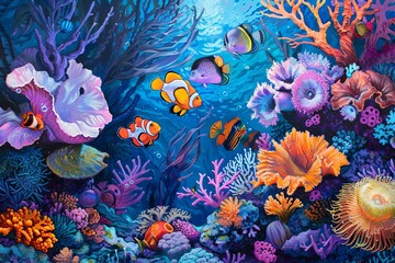 A vibrant painting featuring a variety of fish swimming among colorful corals and anemones in an underwater setting. Generative AI