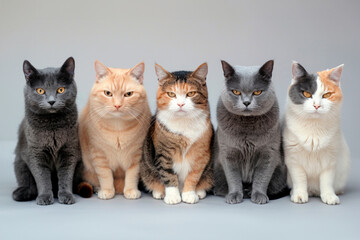Five Diverse Domestic Cats Sitting Side by Side Against Gray Background