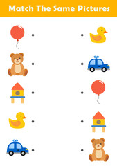 Picture Matching Worksheet for Preschool. Educational activity with cute toys illustration. Educational fun game for children.