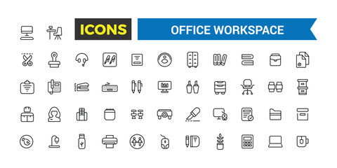 Office workspace icon set. Outline icons pack. Editable vector icon and illustration.