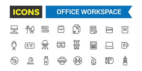Office workspace icon set. Outline icons pack. Editable vector icon and illustration.